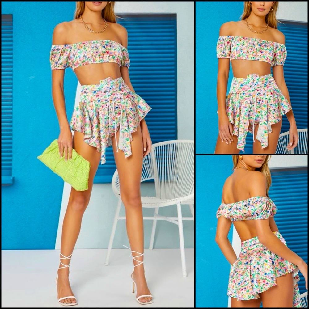 Neon Tropical City Print Off Shoulder Top & Tiered Lace-Up Skirt Swim Suit Set
